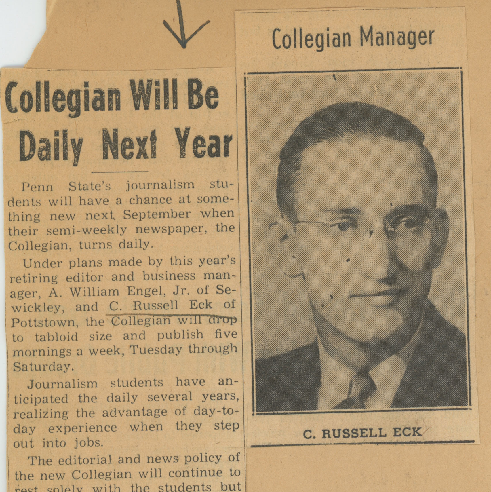 excerpt of an archival article about the Collegian becoming a daily newspaper, courtesy Collegian