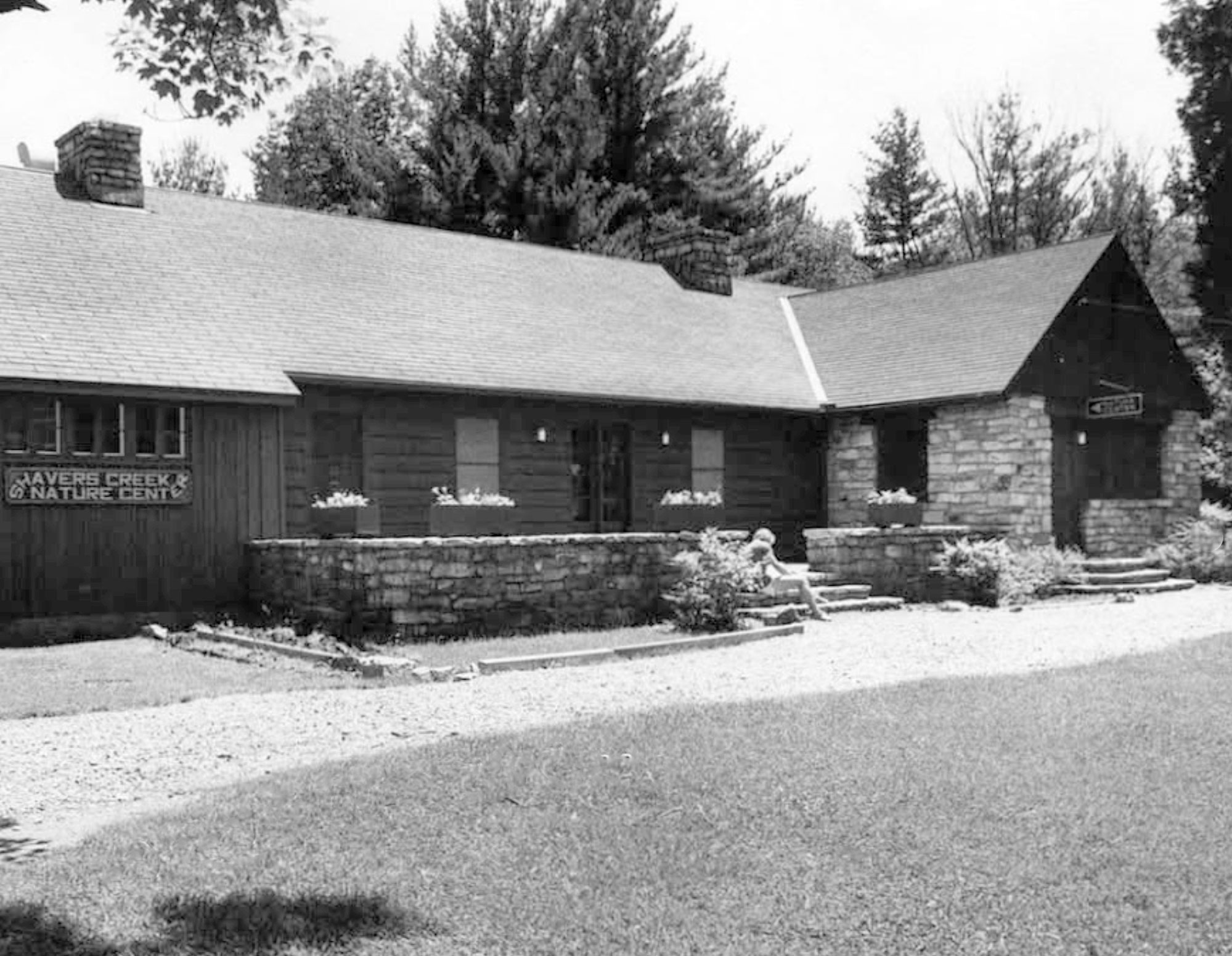 black and white photo of Shaver's Creek Environmental Center main building 