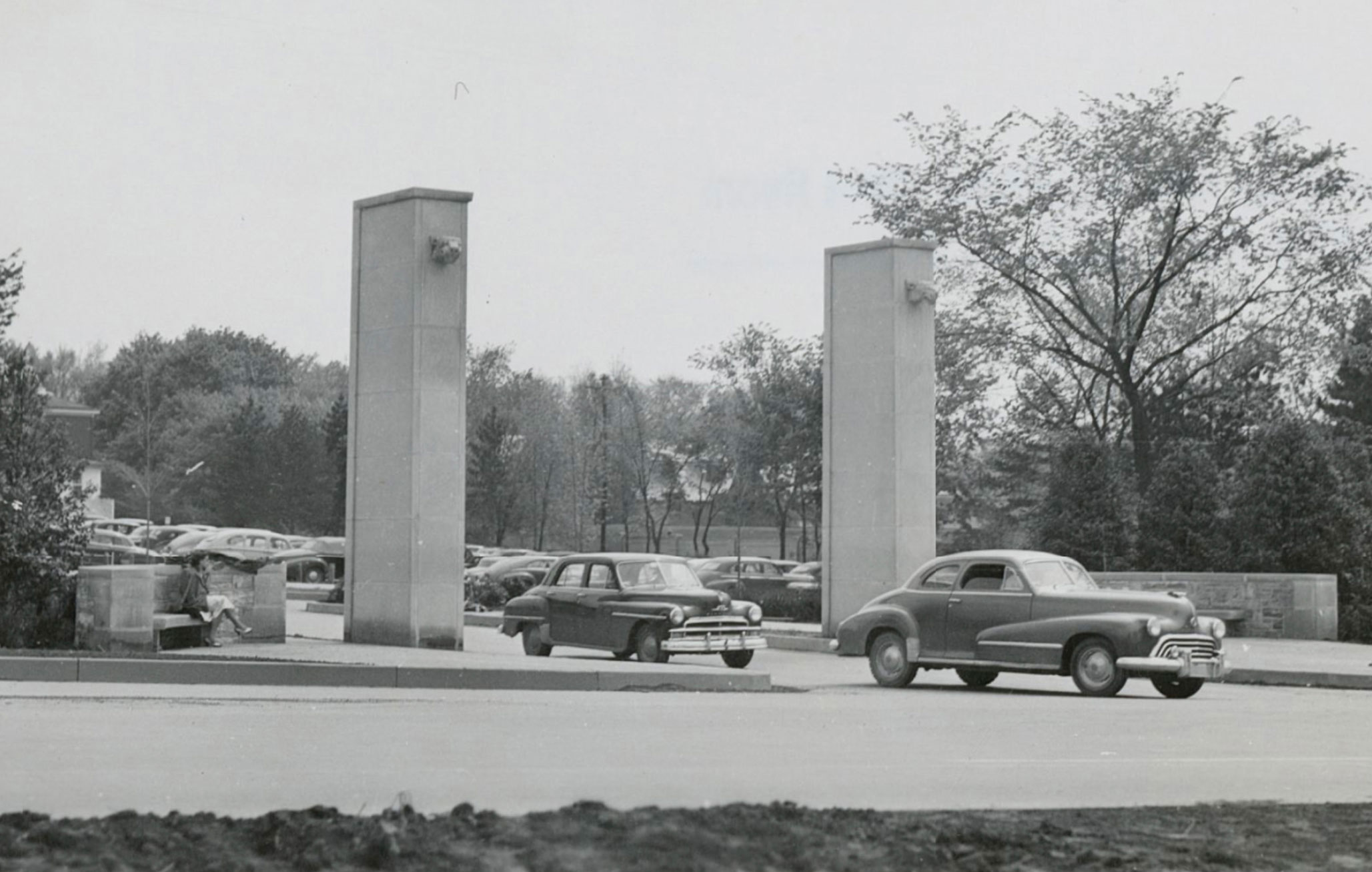 black and white photo of the original Lion gates, by Penn State Archives