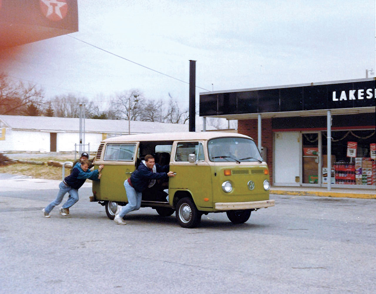 stalled VW bus being pushed 
