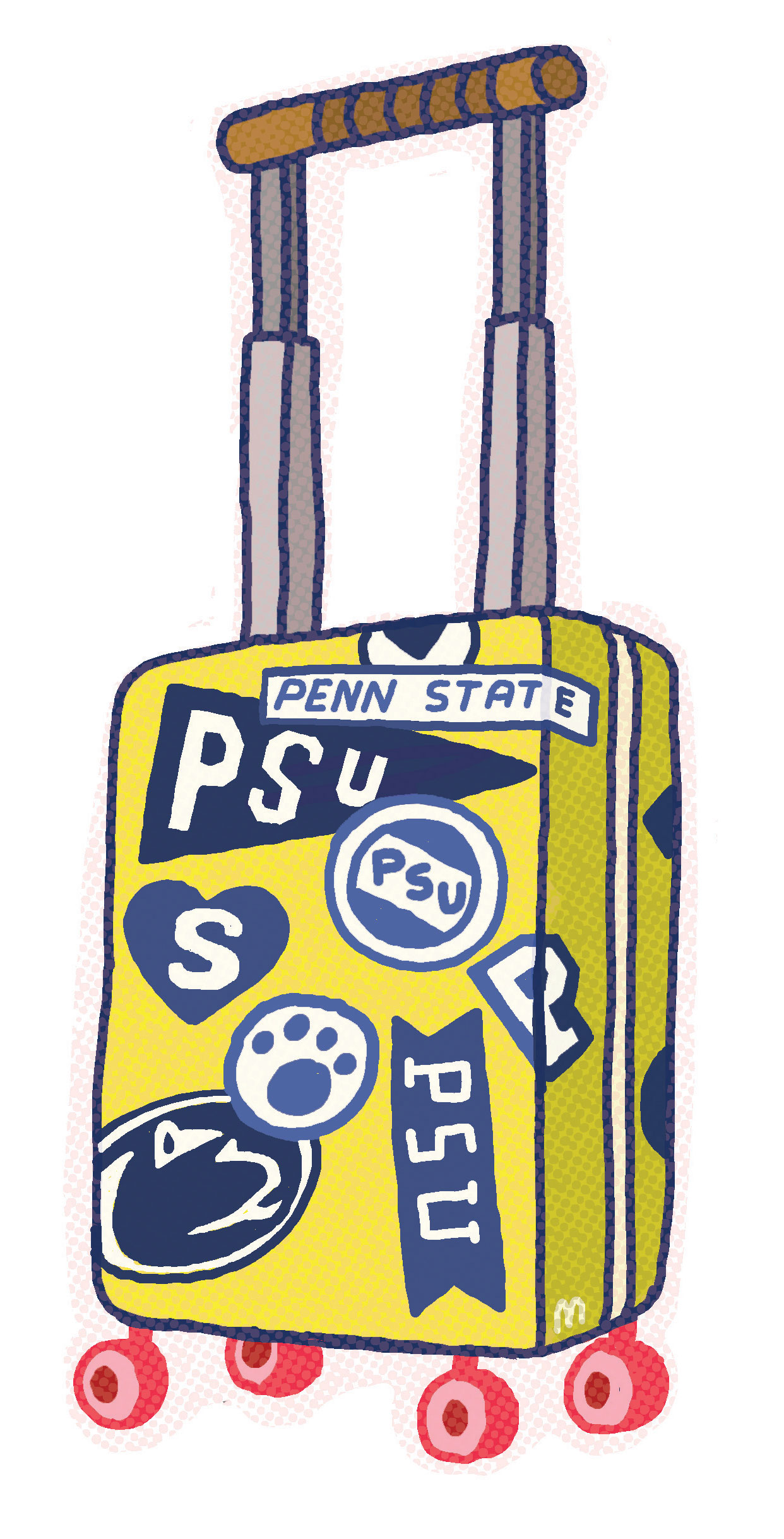 illustration of a rolling suitcase covered in Penn State stickers by Aaron Meshon