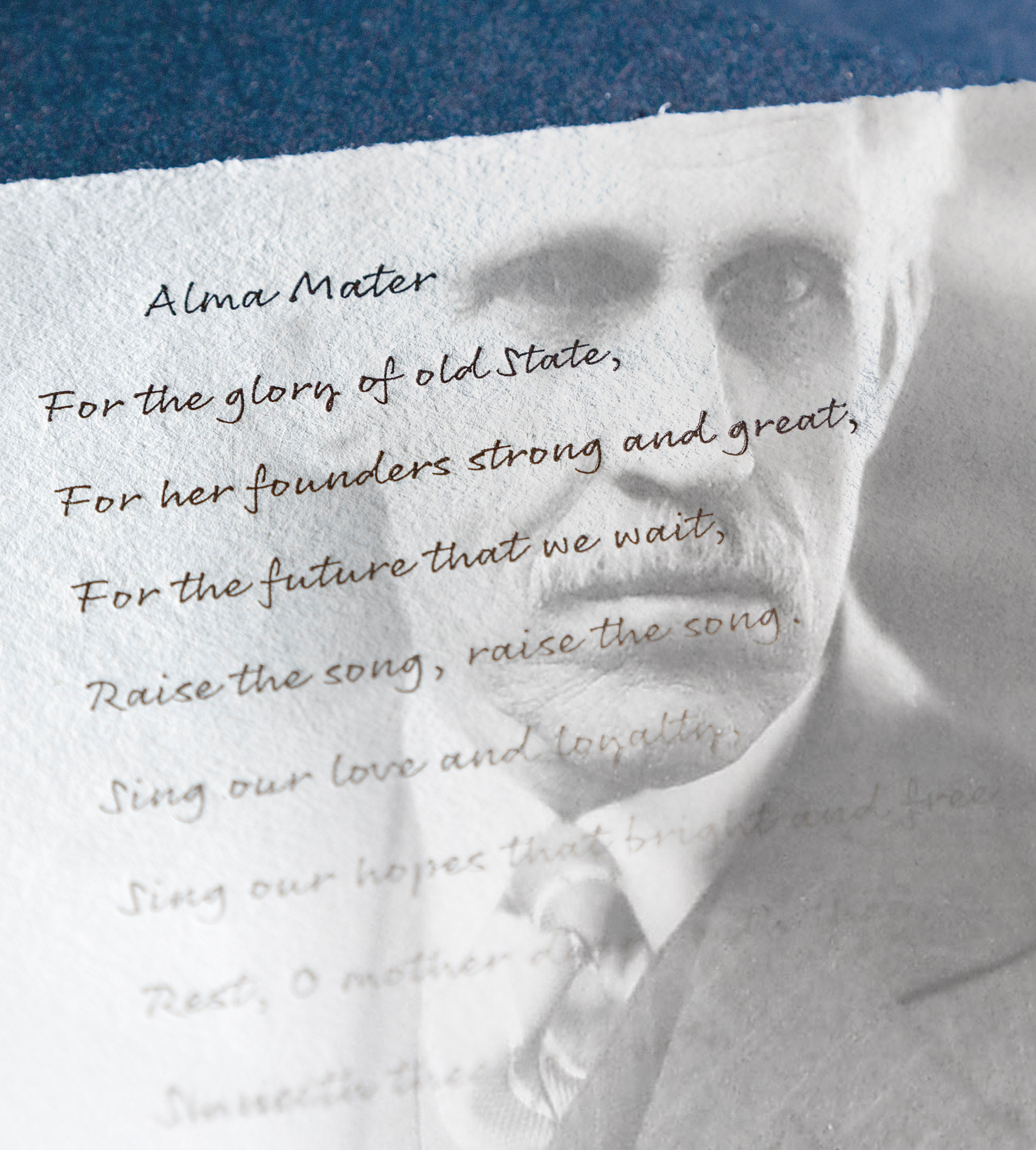 black and white photo of a man in a suit and tie with the alma mater lyrics superimposed over it, illustration by Nick Sloff '92 A&A