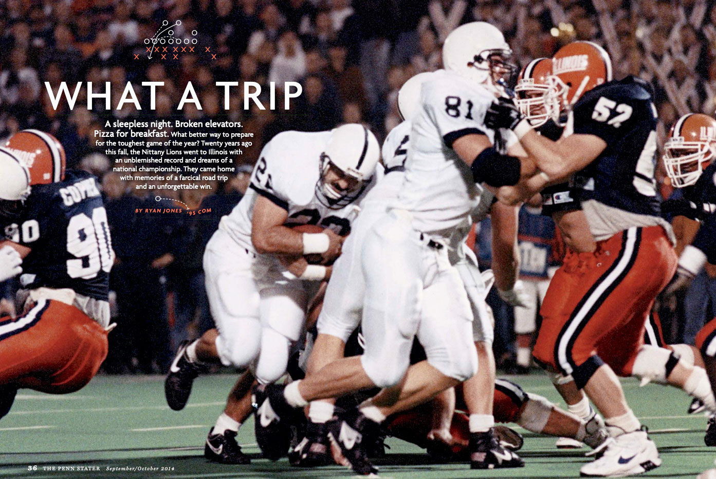 opening spread of What a Trip featuring photo of winning TD during 1994 PSU and Illinois game by Steven Manuel '84 Lib '92 MA Com