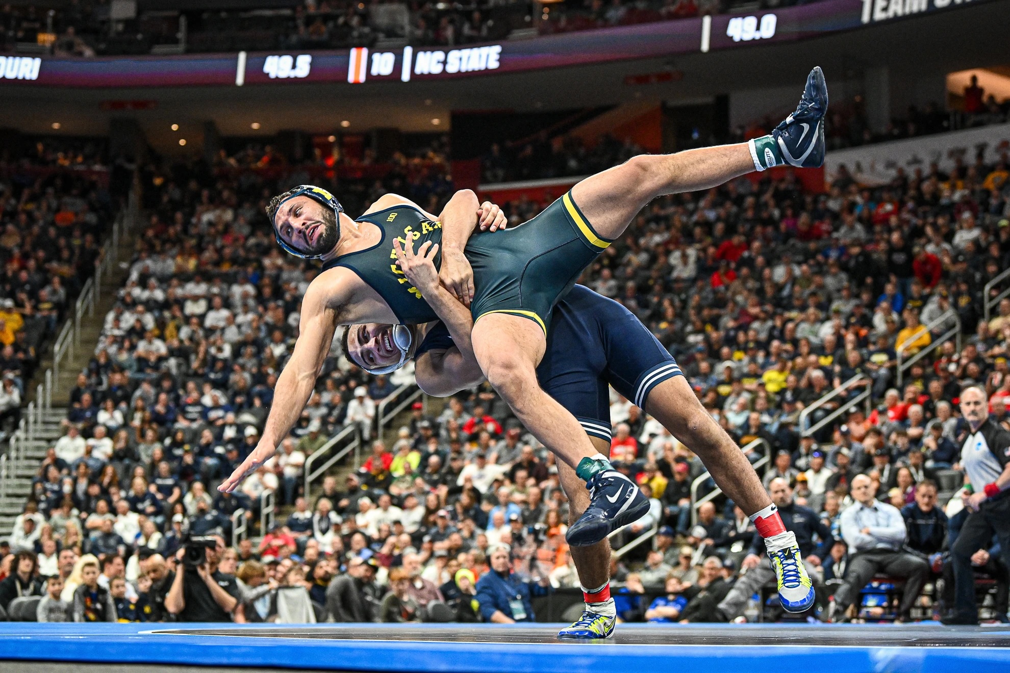 Brooks taking down Michigan's Amine in 2022, photo by Mark Selders/Penn State Athletics