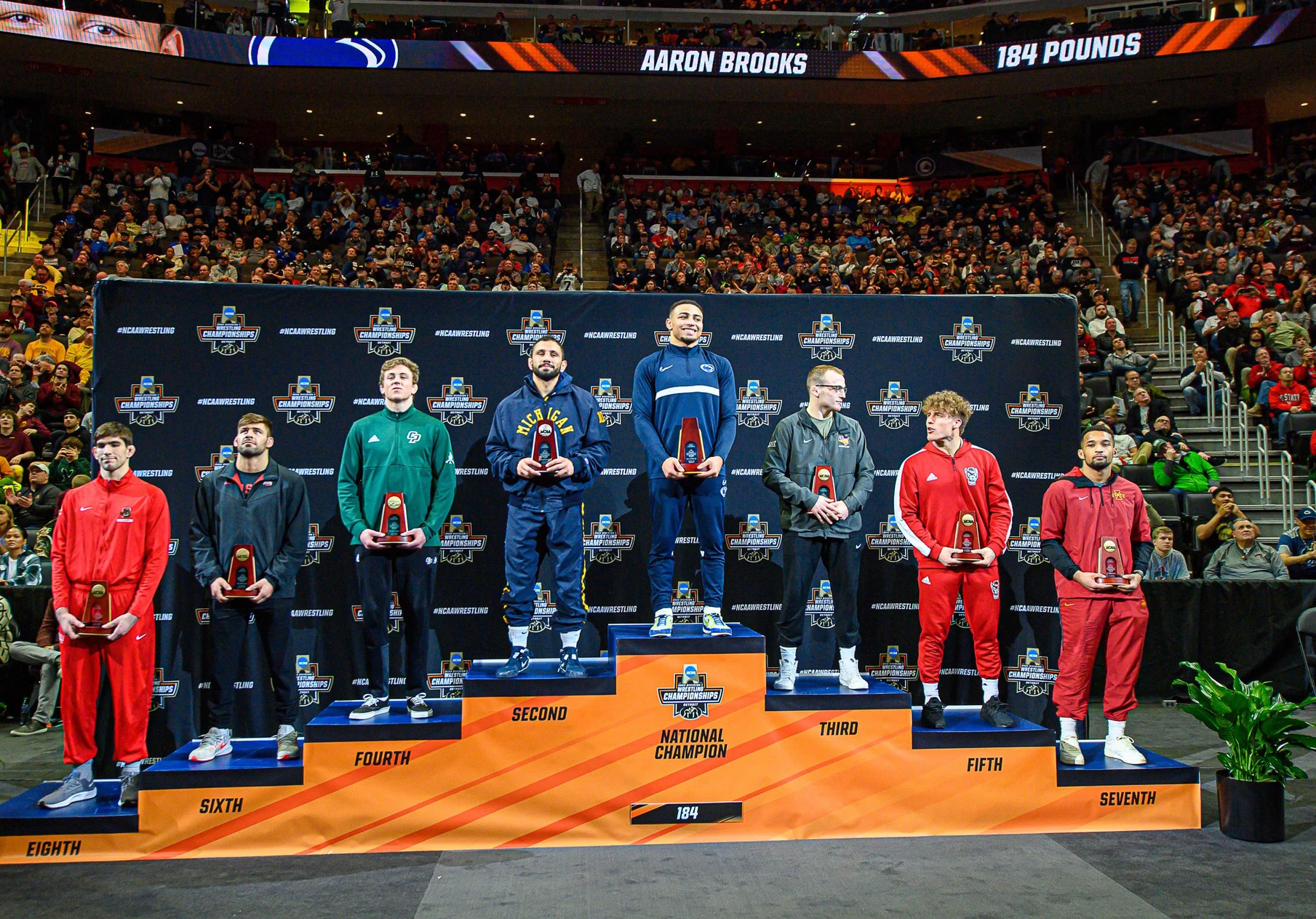 metal stand with Aaron Brooks at the top, photo by Mark Selders/Penn State Athletics
