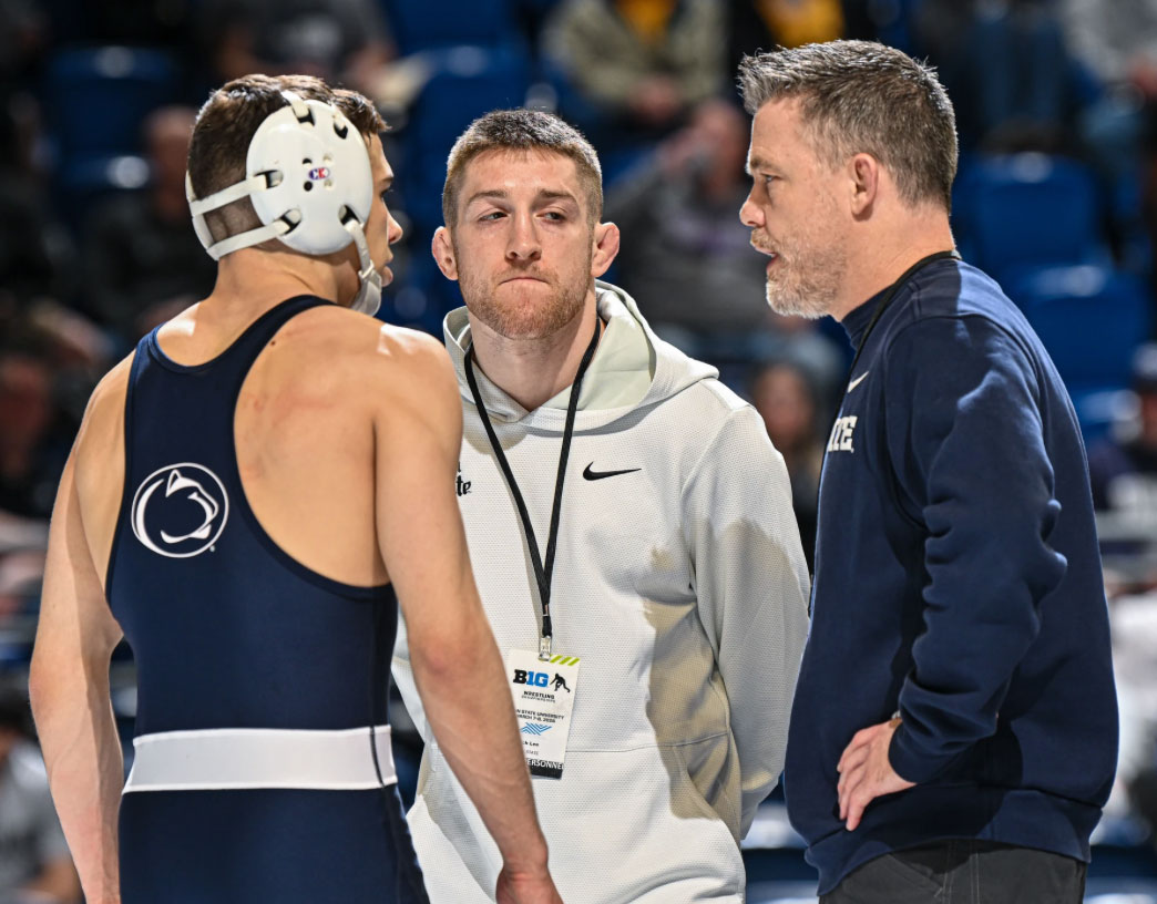 Cody Sanderson and Nick Lee with third person during a match in 2025, photo by Mark Selders/Penn State Athletics