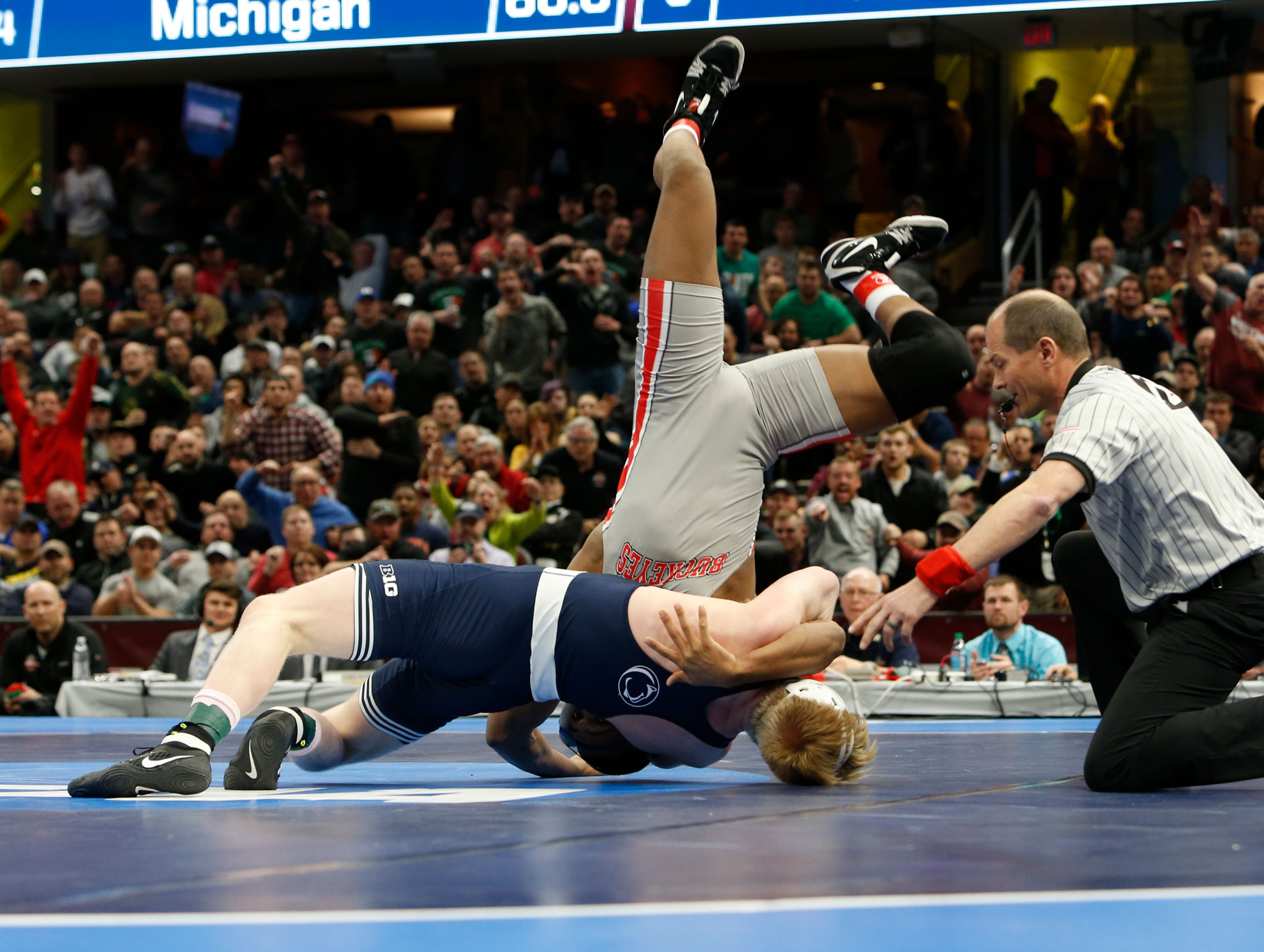 Nickal pinning Martin in 2018 NCAA championship, photo by Jay Laprette/NCAA Photos