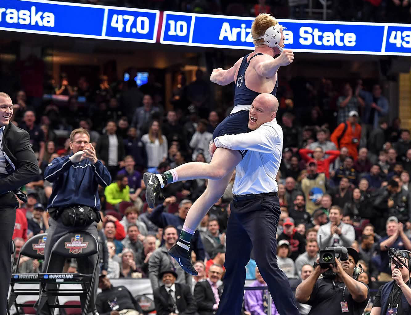 Nickal celebrating after 2018 championship win, photo by Penn State Wrestling