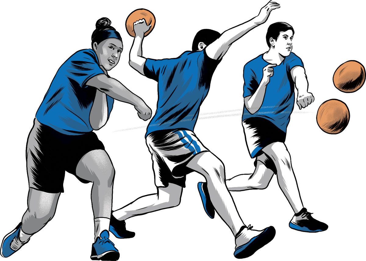 illustration of three people playing dodgeball by Joel Kimmel