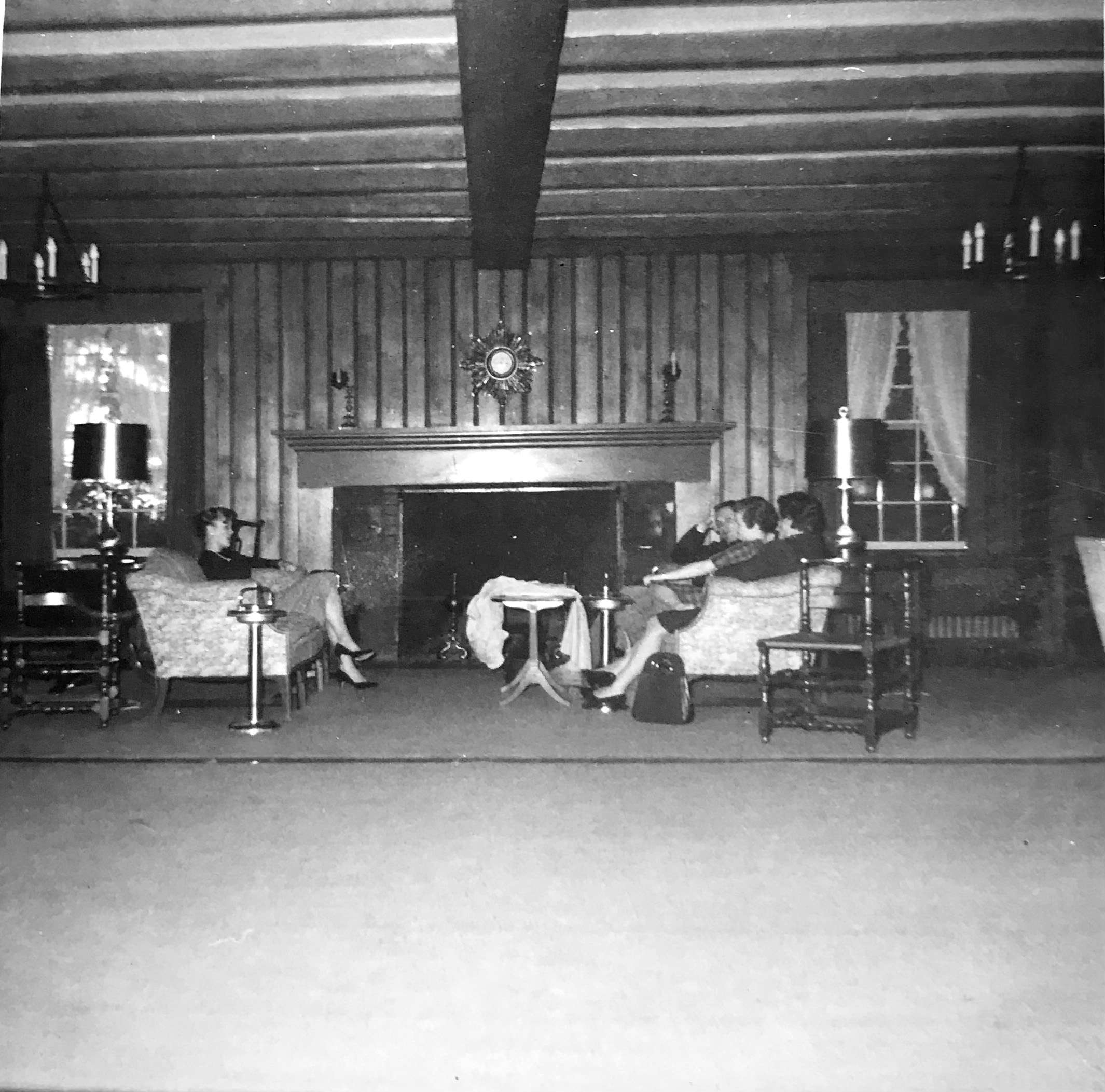 black and white photo of interior fireplace of Nittany Lion Inn, courtesy