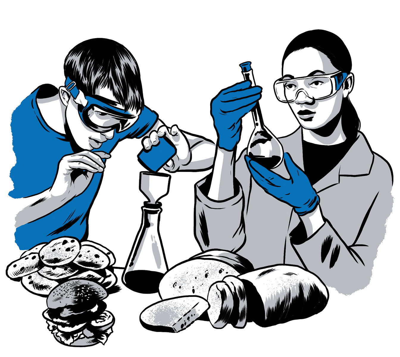 illustration of two students working in a lab with food by joel Kimmel