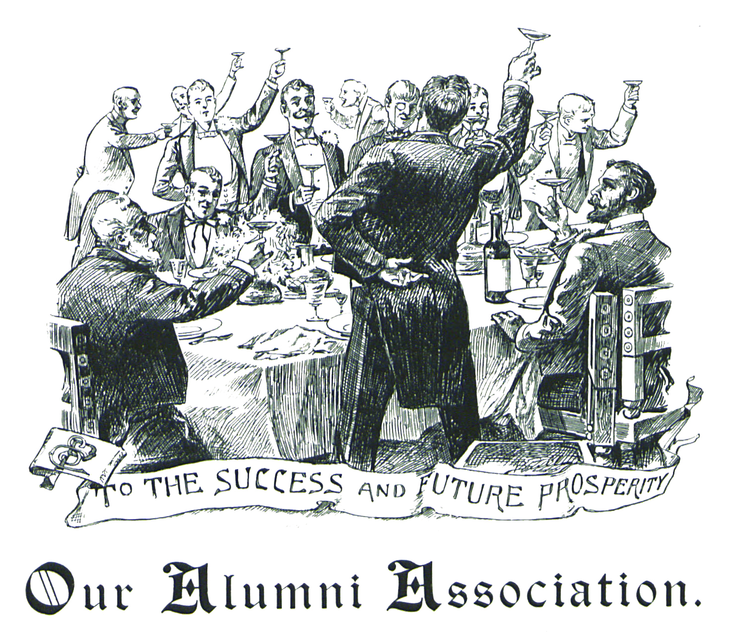 early logo of the Alumni Association featuring a group of men toasting around a table, by PSAA