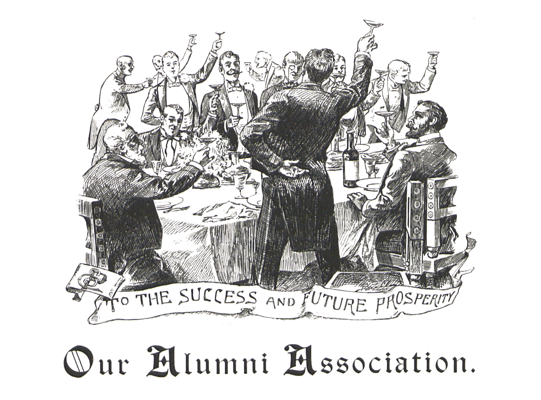 early logo of the Alumni Association featuring a group of men toasting around a table, by PSAA