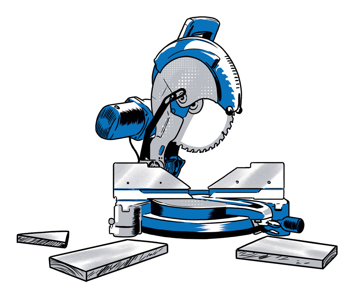 illustration of blue and white mitre saw by Joel Kimmel