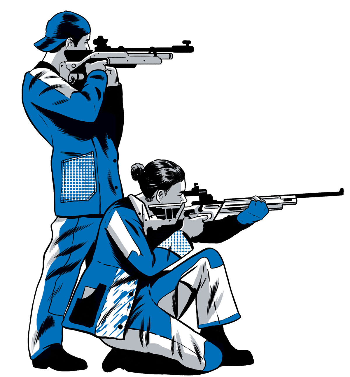 illustration of two students aiming rifles by Joel Kimmel