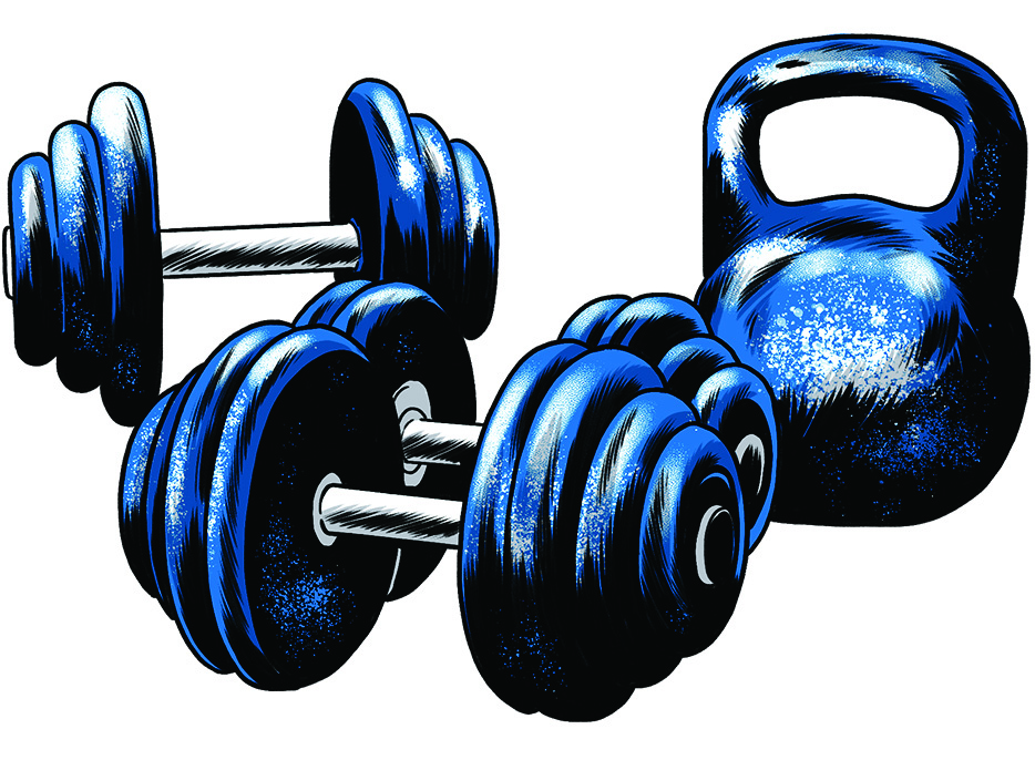 illustration of hand weights and kettle bell by Joel Kimmel