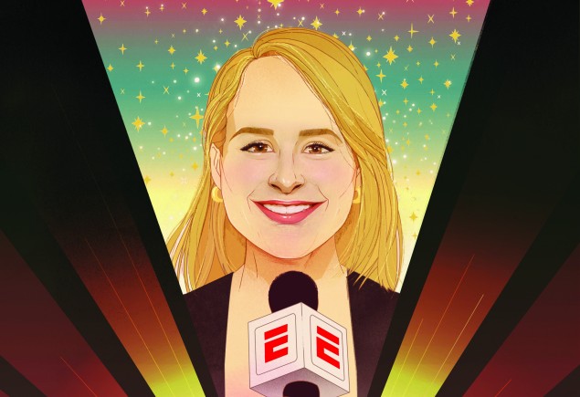Illustration of a blond white woman speaking into a microphone, by Marcos Chin