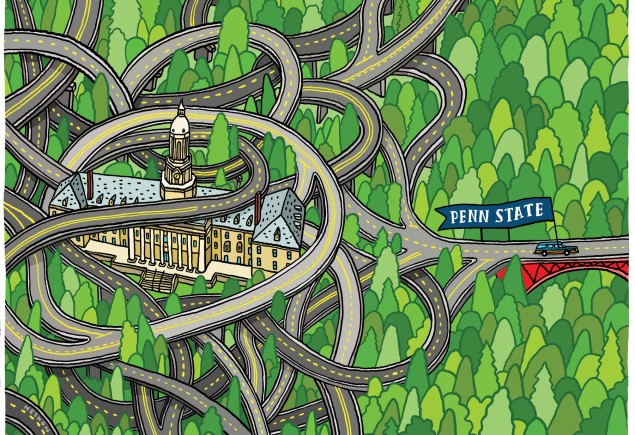 illustration of intricately intertwined highways around Old Main at University Park with a station wagon bearing a blue Penn State banner driving away from campus, by Aaron Meshon