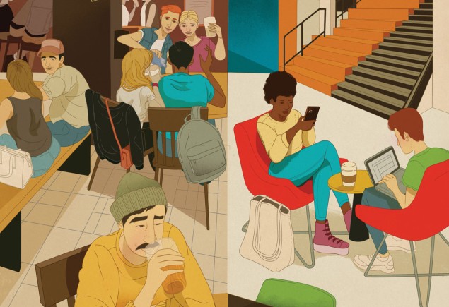 illustration of various small groups of students enjoying beverages, studying with laptops, and talking by Marco Chin