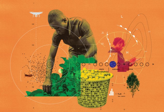conceptual illustration of farmers, crops, and graphics related to AI, crop yield, and more, by Stuart Bradford