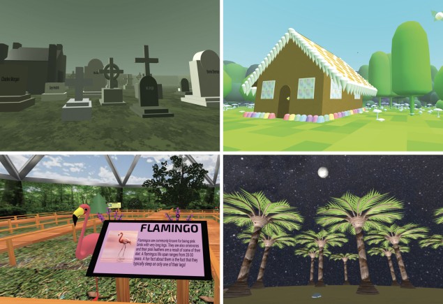 grid of four photos of virtual worlds created in Game 180N, courtesy