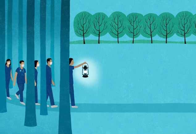 illustration of nurses holding lanterns walking out of the woods and into a wide open blue space lined with trees by James Steinberg