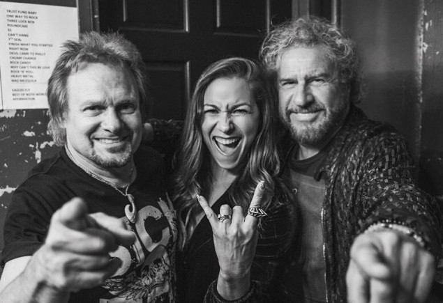 Black and white photo of Allison Hagendorf with Sammy Hagar and Michael Anthony of Van Halen, courtesy