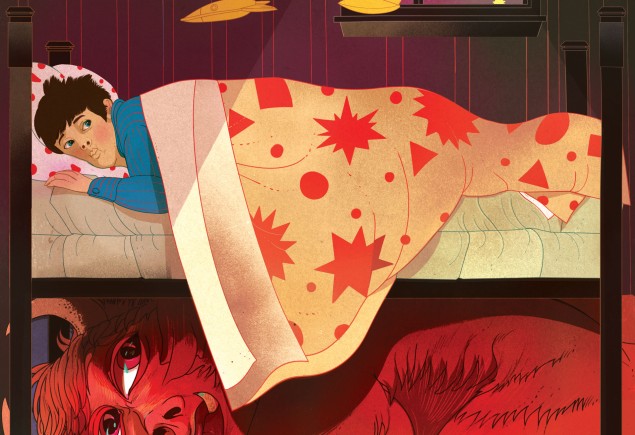 illustration of a boy awake in his bed with a large but not scary monster under his bed by Marcos Chin