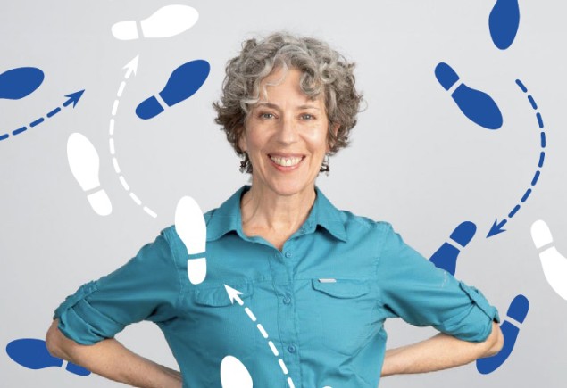 blue and white footprints moving all around over head shot of Michele Dunleavy by Tess Dubler