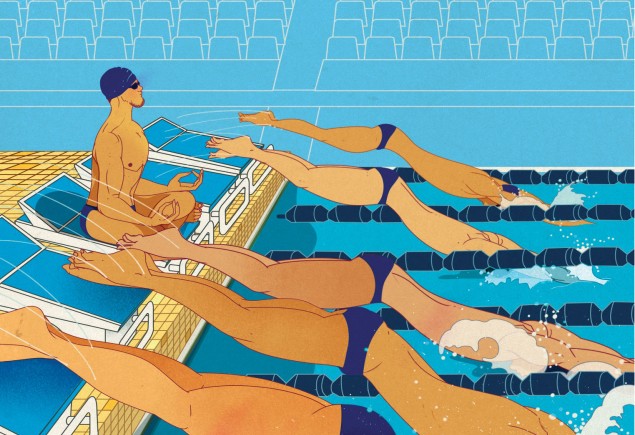 illustration of a swimmer meditating at the edge of a pool as other swimmers dive in by Marcos Chin