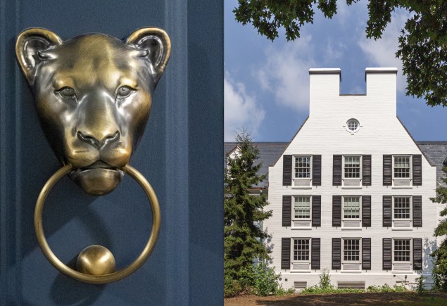 side by side of brass lion door knocker and exterior entrance of Nittany Lion Inn, photos by Nick Sloff '92 A&A