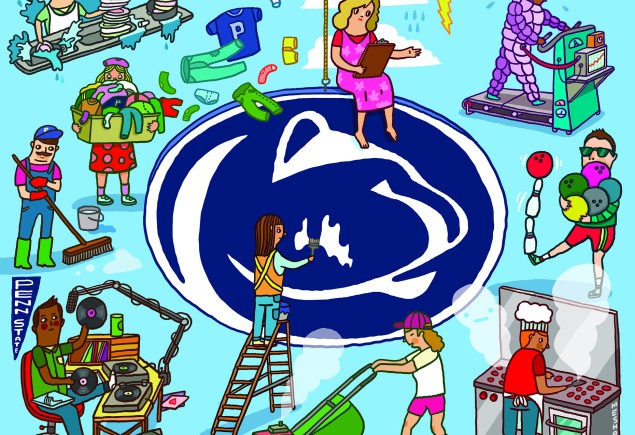 illustration of students performing a variety of different jobs with central image of a person on a ladder painting the Nittany Lion logo, by Aaron Meshon