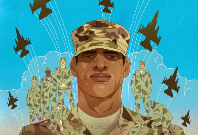 Illustration of a serviceman in uniform holding smaller serviceman figures as military aircraft fly behind and overhead, by Marcos Chin