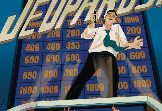 illustration of an audience raising arms below a man on Jeopardy stage by Marcos Chin