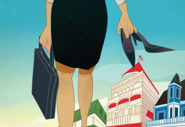 illustration of a woman wearing business attire wading in the ocean holding briefcase and high heels by Marcos Chin