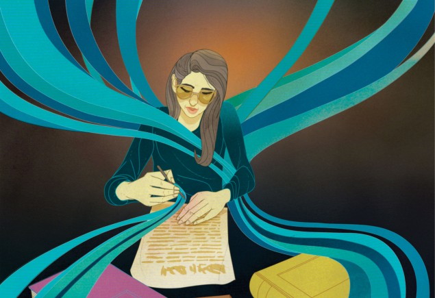 illustration of a woman writing at a desk covered with books with a swirl of teal coming from her pen and making a figure eight around her by Marcos Chin