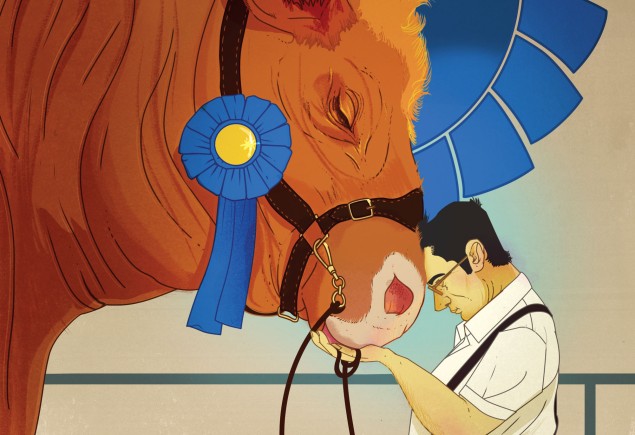 illustration of a man pressing his forehead against the muzzle of a large cow wearing a blue ribbon, by Marcos Chin