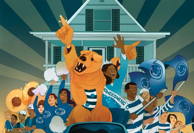 illustration of the Nittany Lion and a dozen Penn Staters parading in a blue car that says House Sweet Home before a house in the background, by Marcos Chin