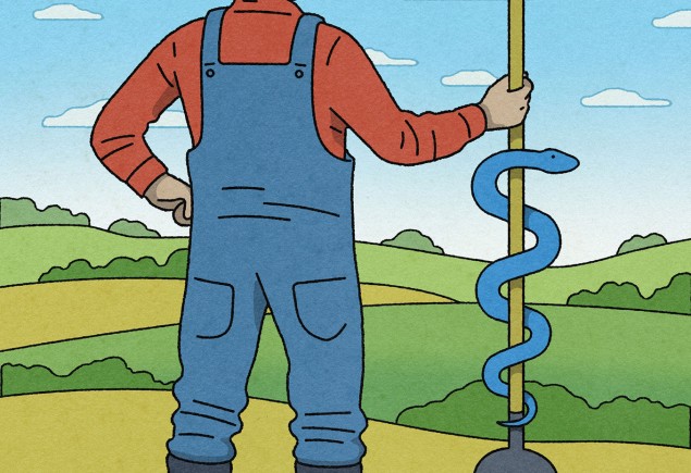 illustration of the back of a farmer in overalls and a straw hat holding a pitchfork with a snake entwined on it like the medical symbol, by Dan Page