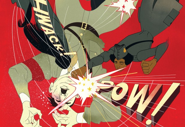 conceptual illustration of historical figures from World War II era and comic book action words by Marcos Chin