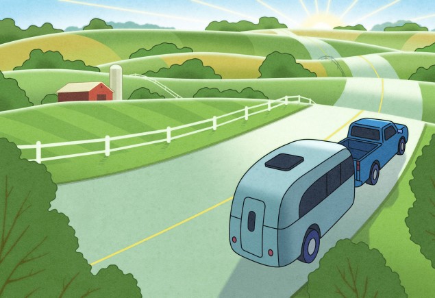 illustration of a mobile health care trailer driving through green farmland by Dan Page
