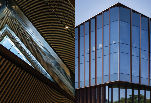 side by side photos of interior staircase and exterior ECoRE building by Nick Sloff '92 A&A