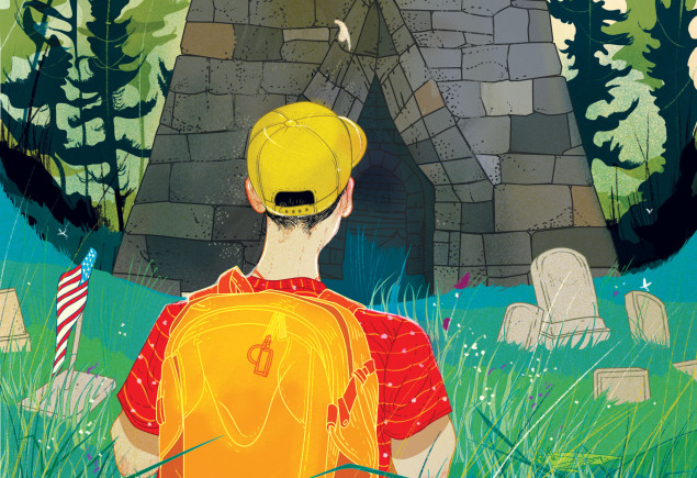 colorful illustration of a person wearing a ball cap and backpack hiking in Greenwood Furnace State Park by Marcos Chin