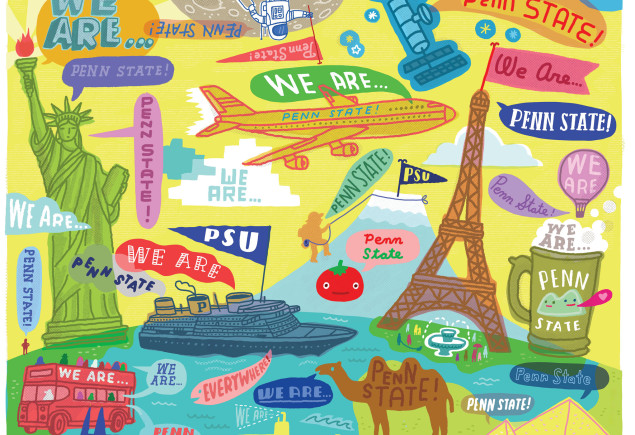 illustration of landmarks and modes of transportation with many instances of the phrase We Are Penn State, by Aaron Meshon