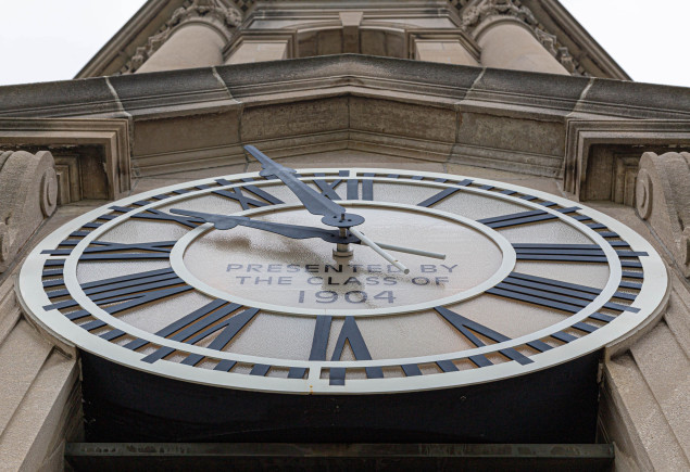closeup of the clock tower on Old Main, gift from the Class of 1904, photo by Nick Sloff '92 A&A