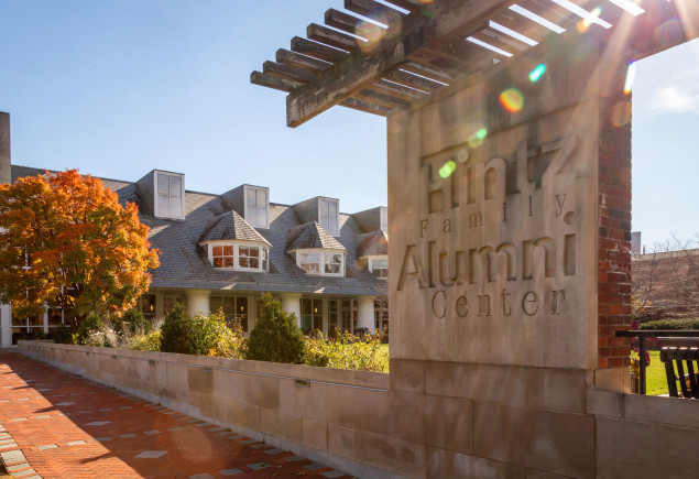 exterior photo of Hintz Family Alumni Center signage by Nick Sloff '92 A&A