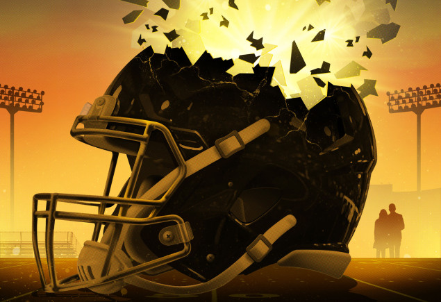 illustration of a backlit football helmet shattering by Taylor Callery