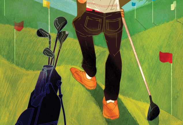 illustration of back view of a man with golf clubs overlooking a course by Marcos Chin