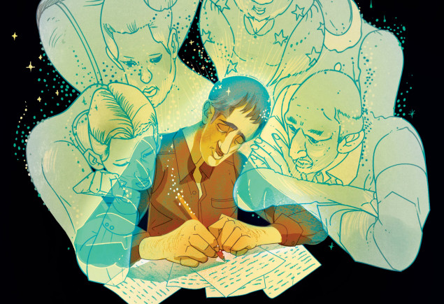 illustration of a man writing with the spirit figures of other people around him, by Marcos Chin
