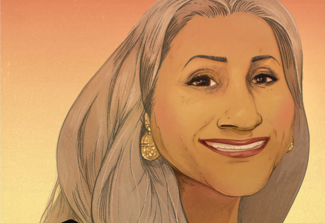 illustration of Savita Iyer, an Indian woman with shoulder-length salt and pepper hair wearing a colorful wrap and gold earrings, by Marcos Chin